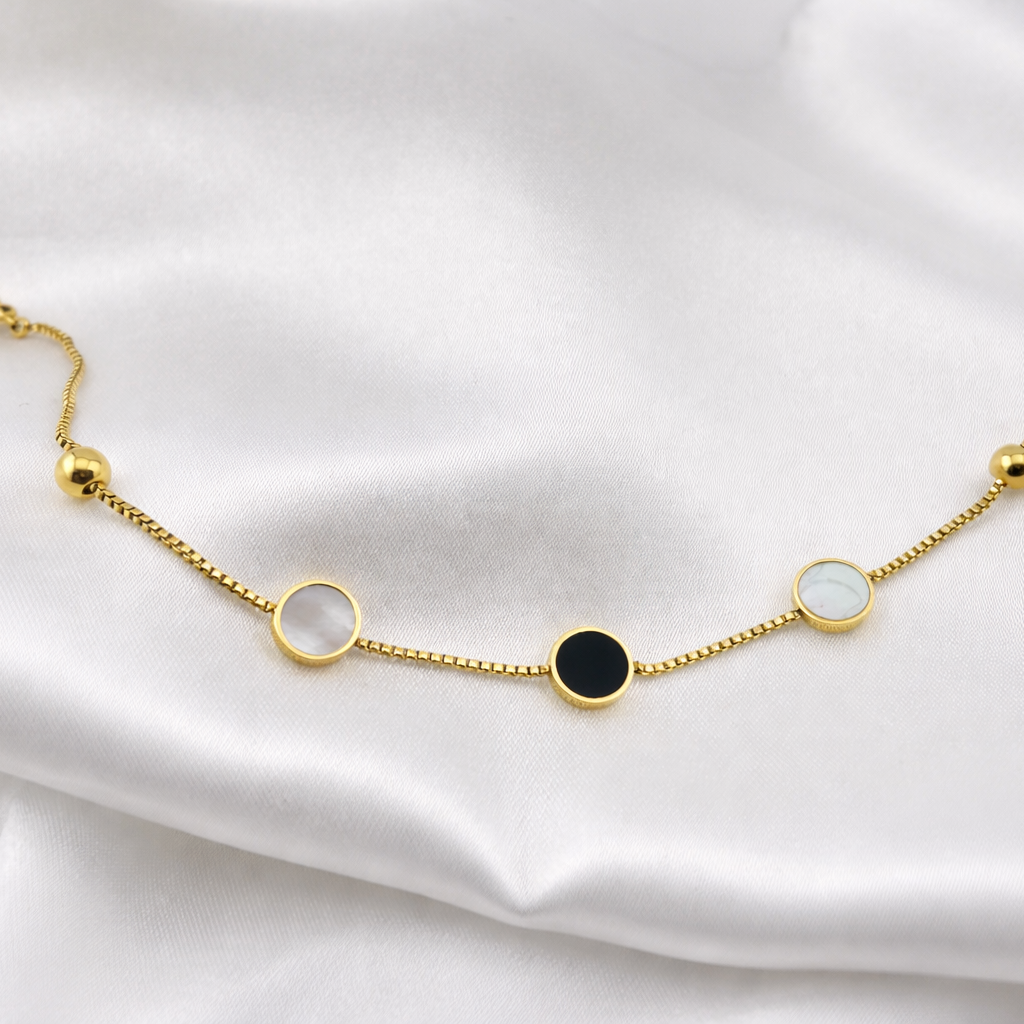 Triple Disc Anklet 1 Pcs – Black & White Enamel Circles | Anti-Tarnish Stainless Steel, Gold Finish