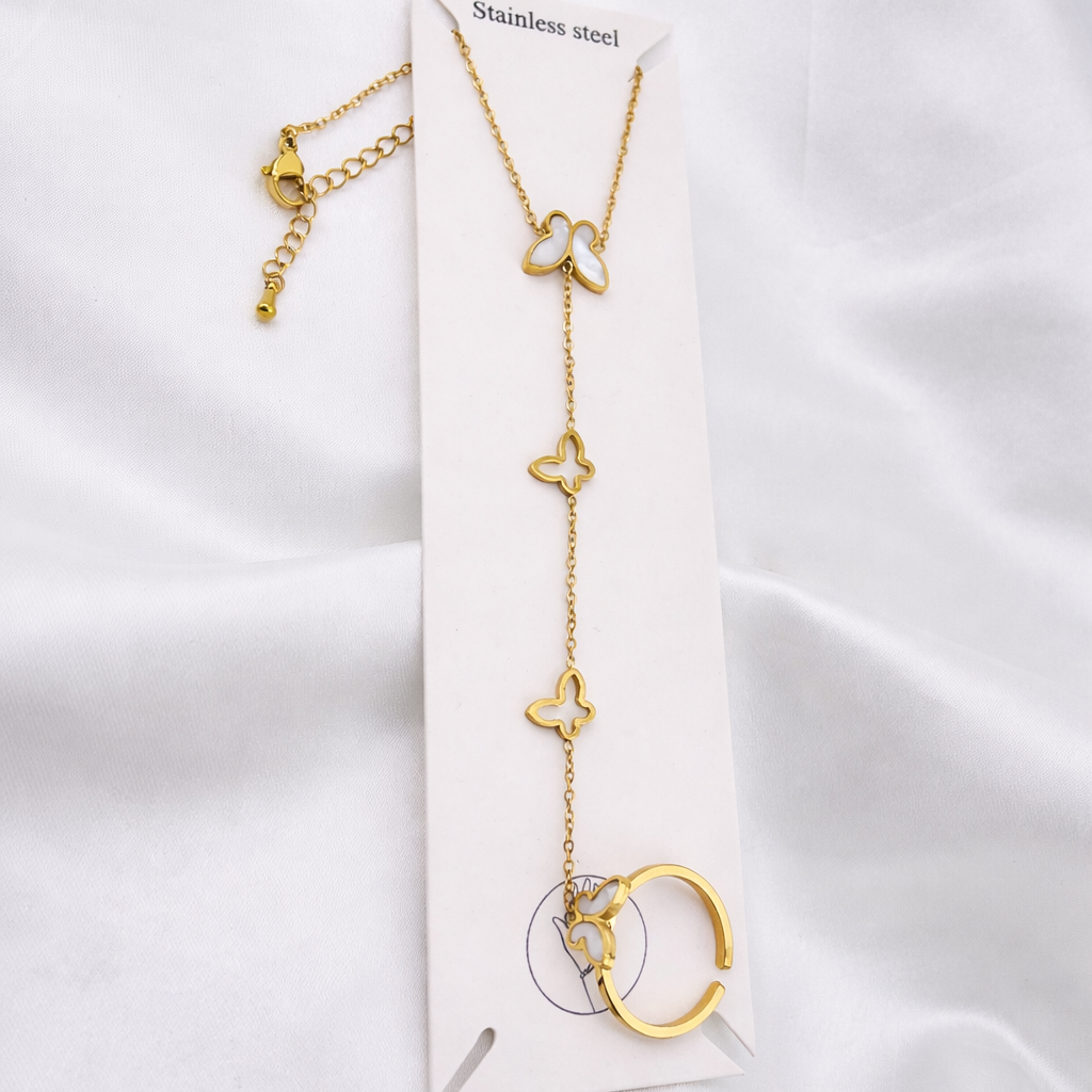 Butterfly Hand Harness Bracelet with Ring -Adjustable Chain – Anti-Tarnish Stainless Steel | Imitation Gold Fashion Jewelry