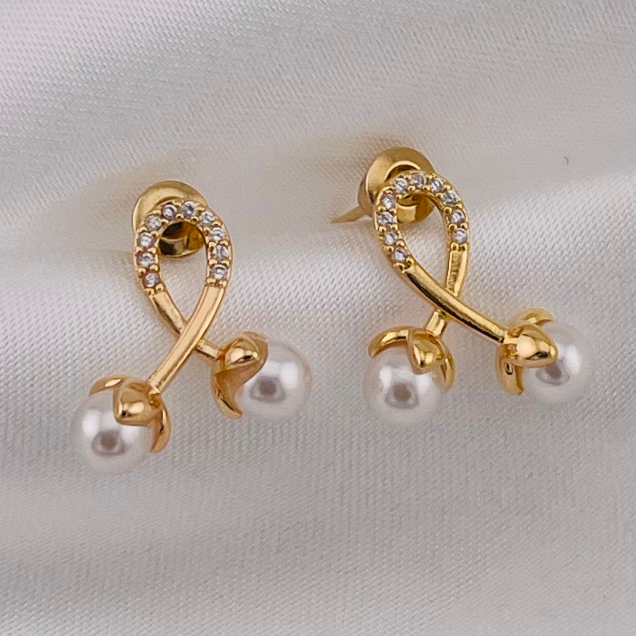 CUTE DOUBLE PEARL DROPS EARRINGS WITH STONE, FASHION JEWELRY IMITATION GOLD- ONE PAIR