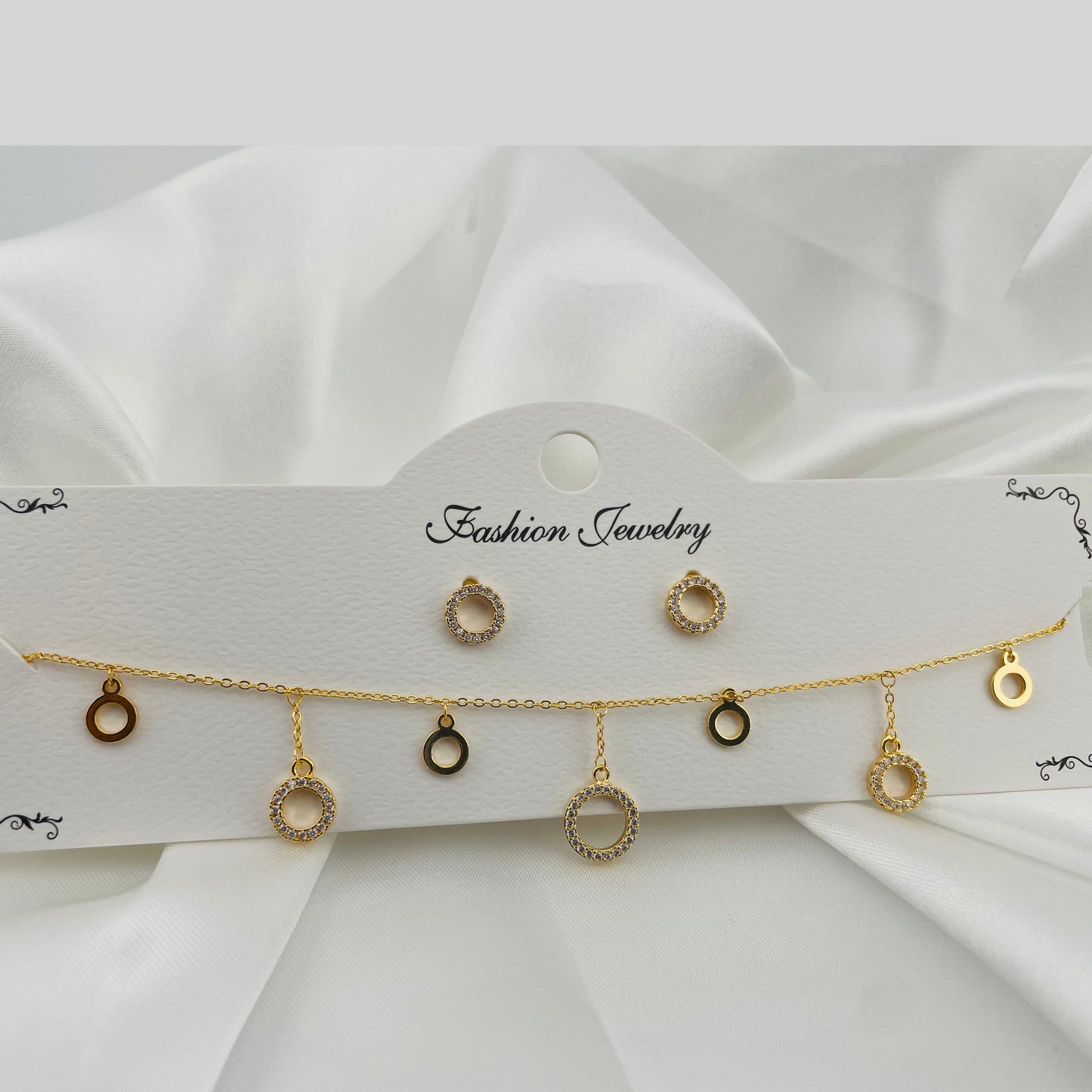 Circle Charm Necklace & Stud Earrings Set – Stone-Outlined Rings | Imitation Gold