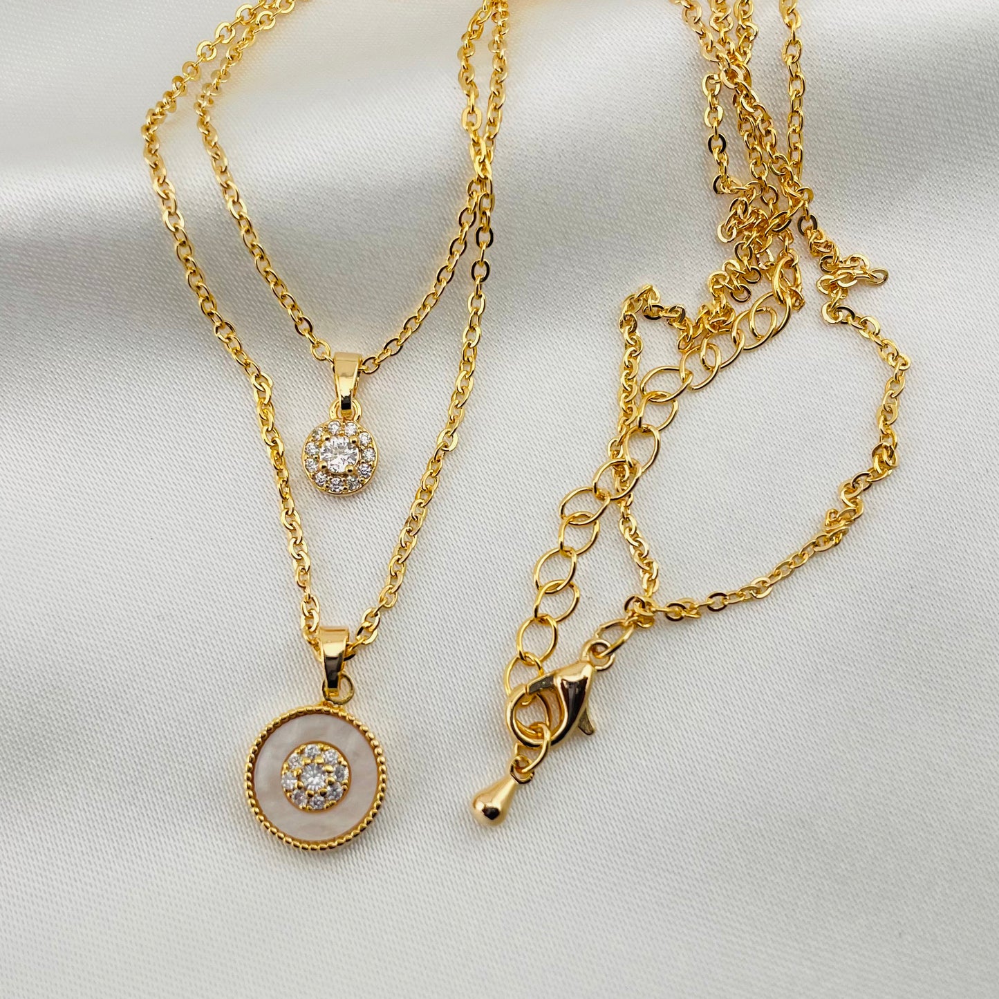 DUAL LAYERED NECKLACE PENDANT CIRCLE-STONE, ADJUSTABLE CHAIN, FASHION JEWELRY IMITATION GOLD