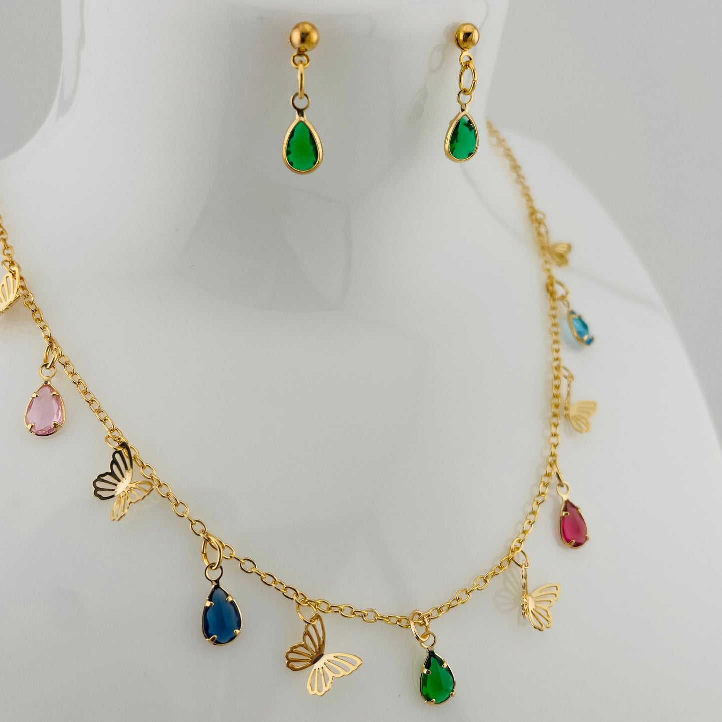PRINCES NECKLACE AND EARING SET FOR KIDS, COLOR STONE DROPES DANGLING BUTTERFLIES WITH ADJUSTABLE CHAIN, FASHION JEWELRY IMITATION GOLD