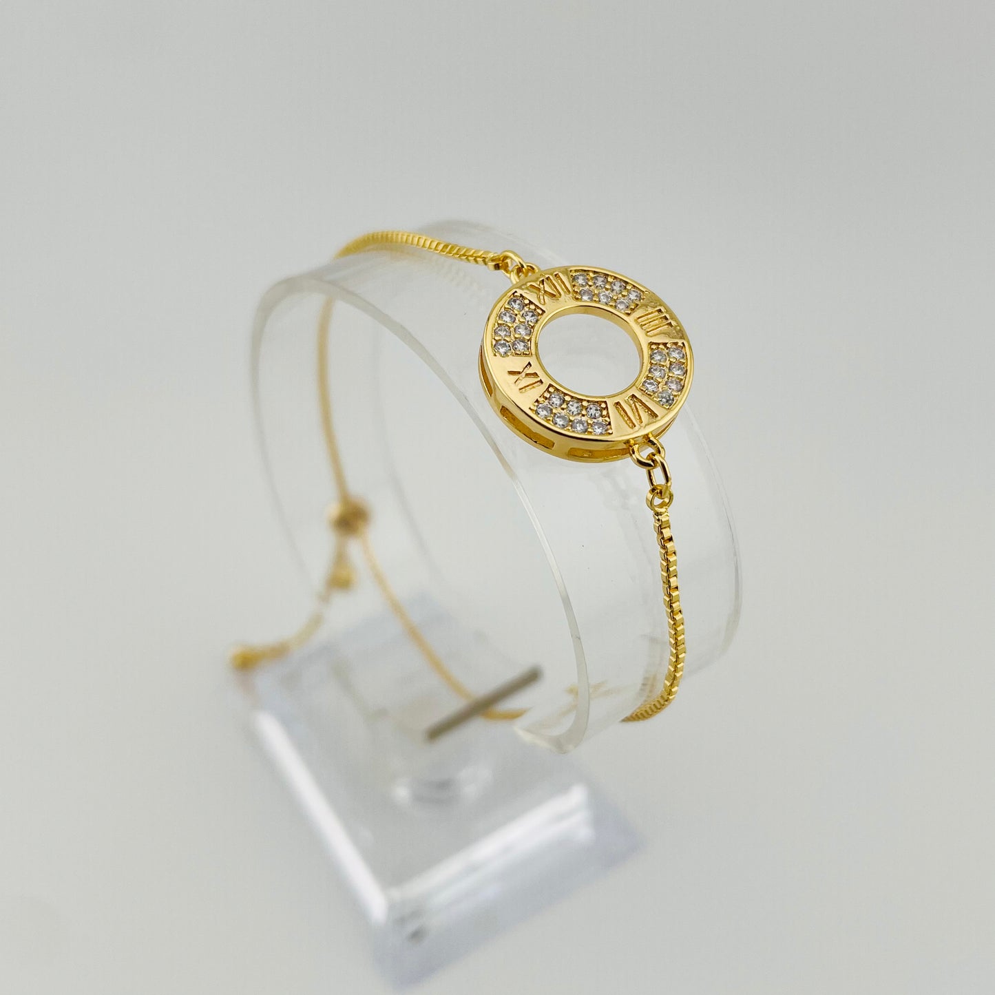 Roman Numeral Circle Stone Bracelet – Adjustable | Imitation Gold Fashion Jewelry