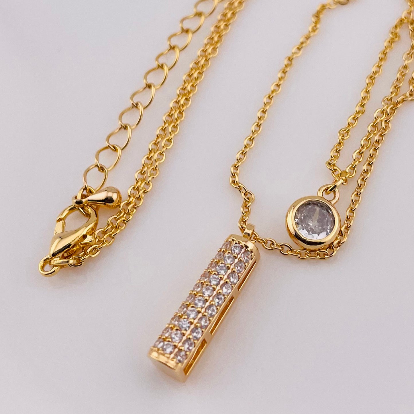 NECKLACE DUAL LAYERD PENDANT DANGLING BAR-STONE, ADJUSTABLE CHAIN, FASHION JEWELRY IMITATION GOLD