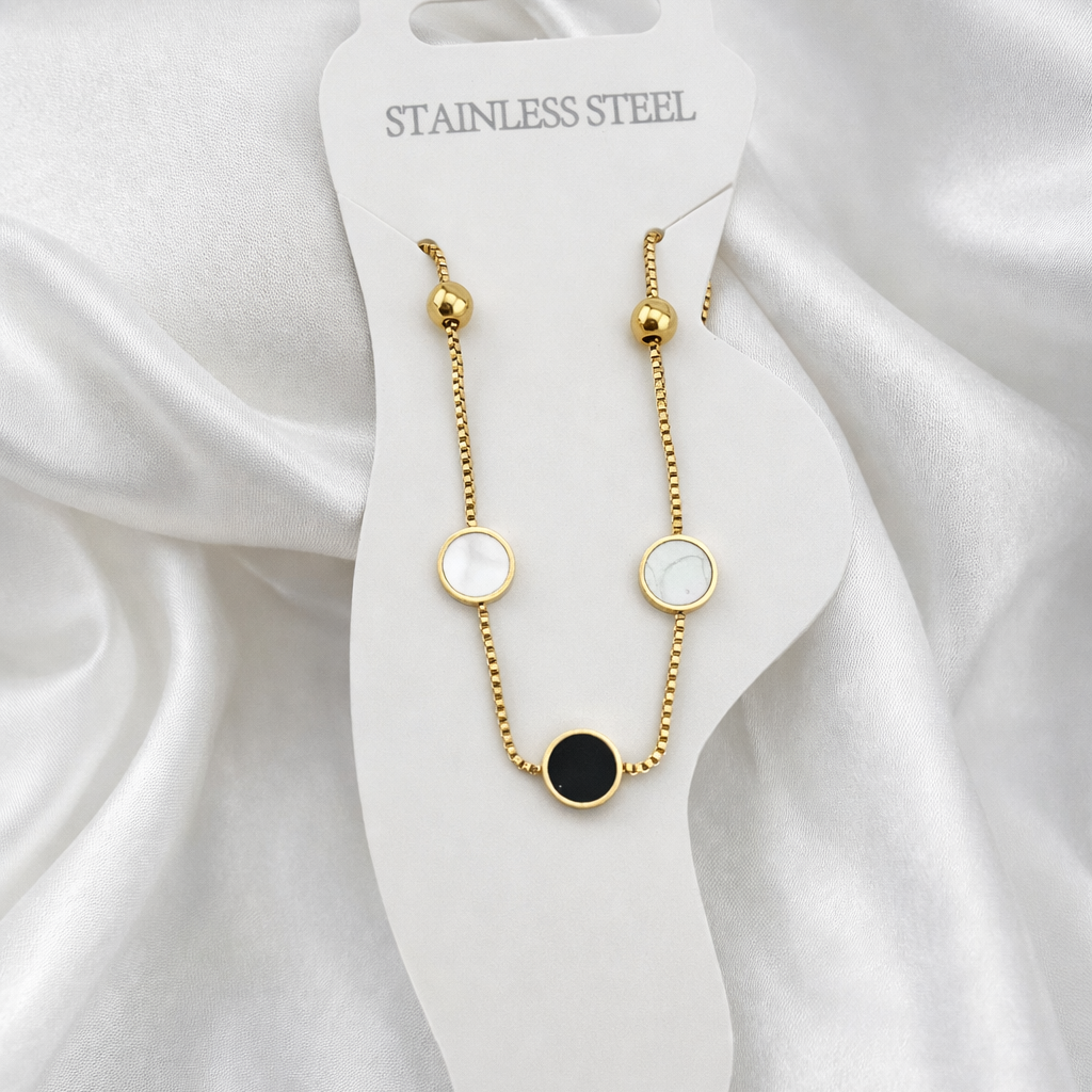 Triple Disc Anklet 1 Pcs – Black & White Enamel Circles | Anti-Tarnish Stainless Steel, Gold Finish