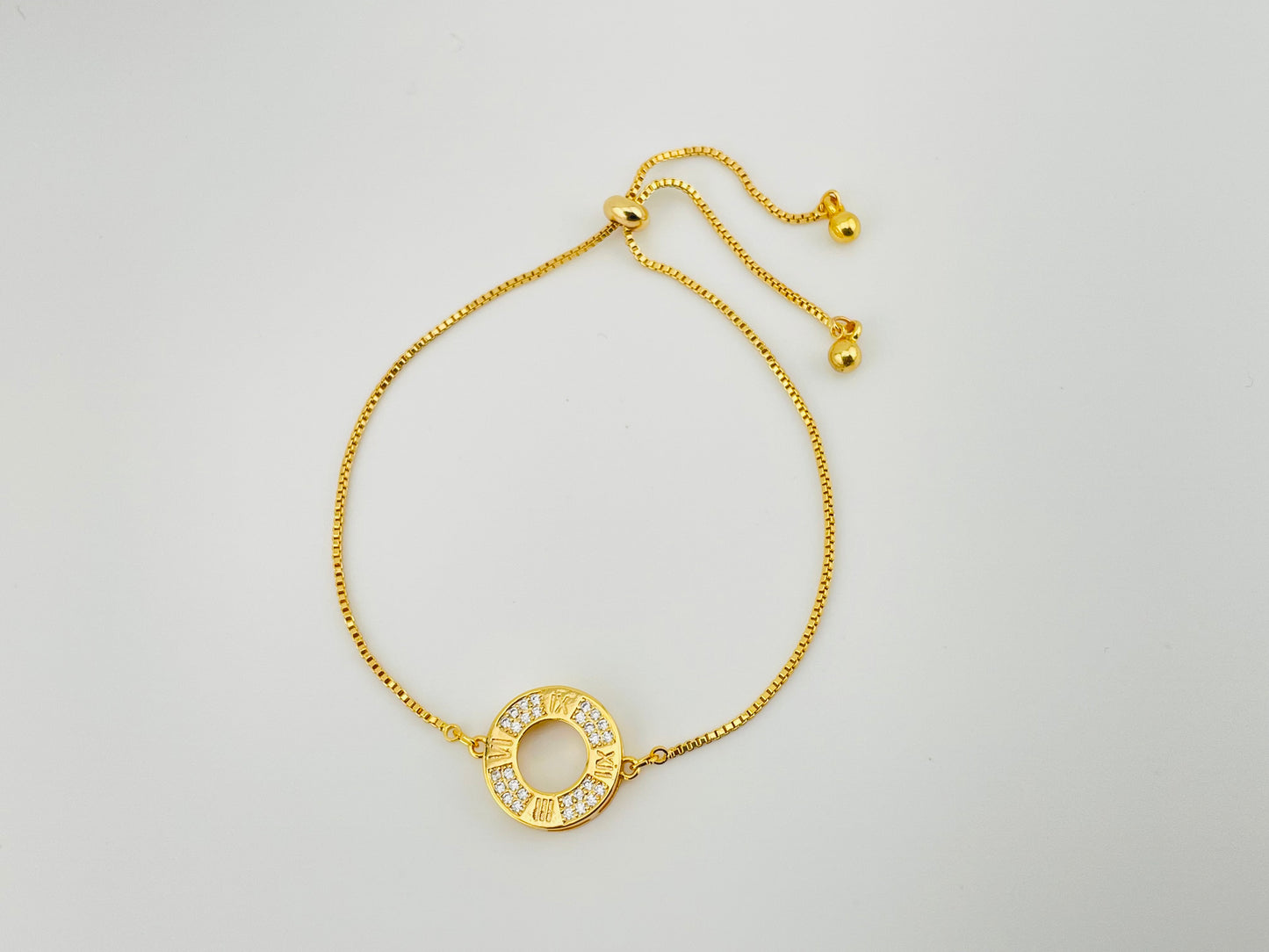 Roman Numeral Circle Stone Bracelet – Adjustable | Imitation Gold Fashion Jewelry