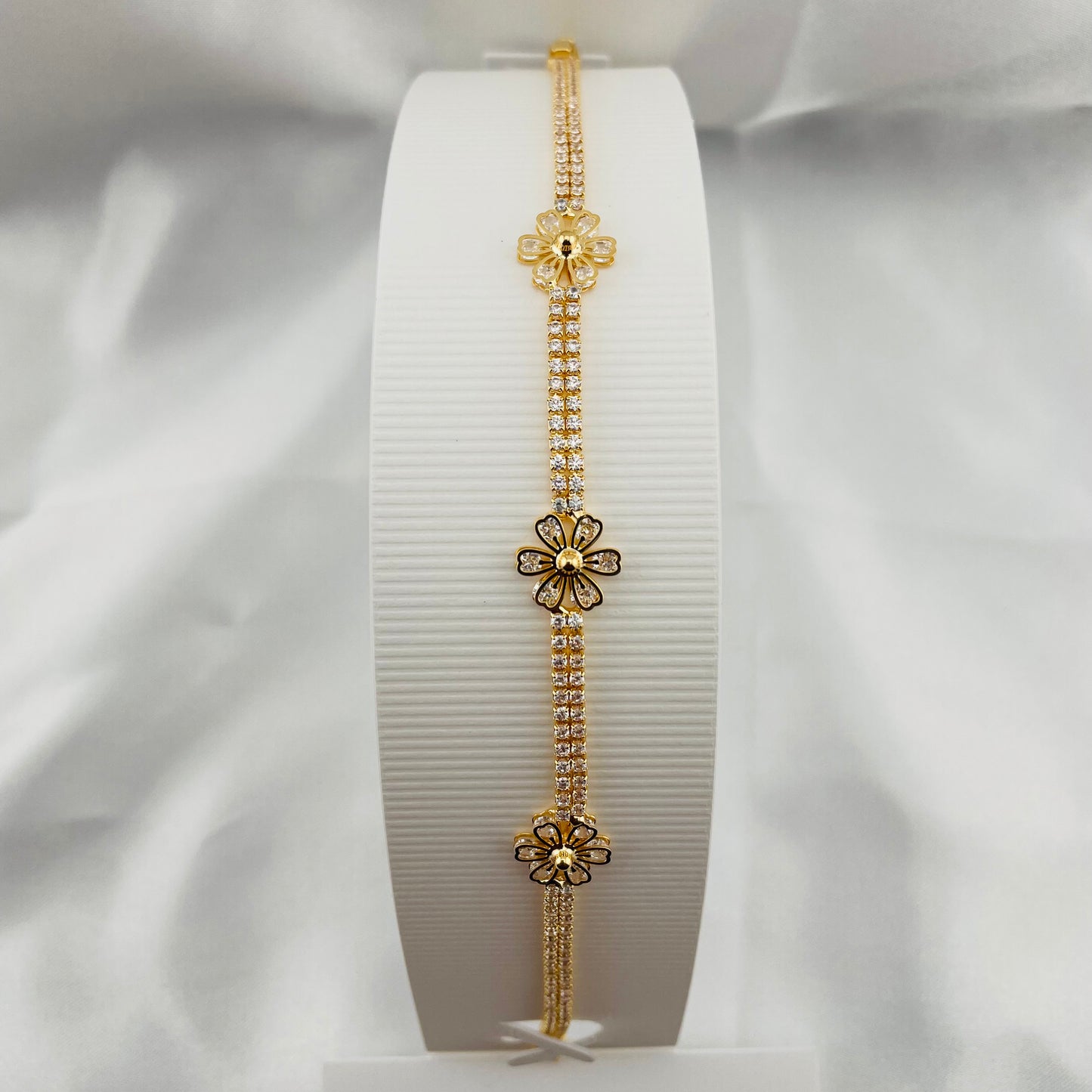 Floral Crystal Tennis Bracelet – Stone-Studded Flower Motifs | Imitation Gold Fashion Jewelry