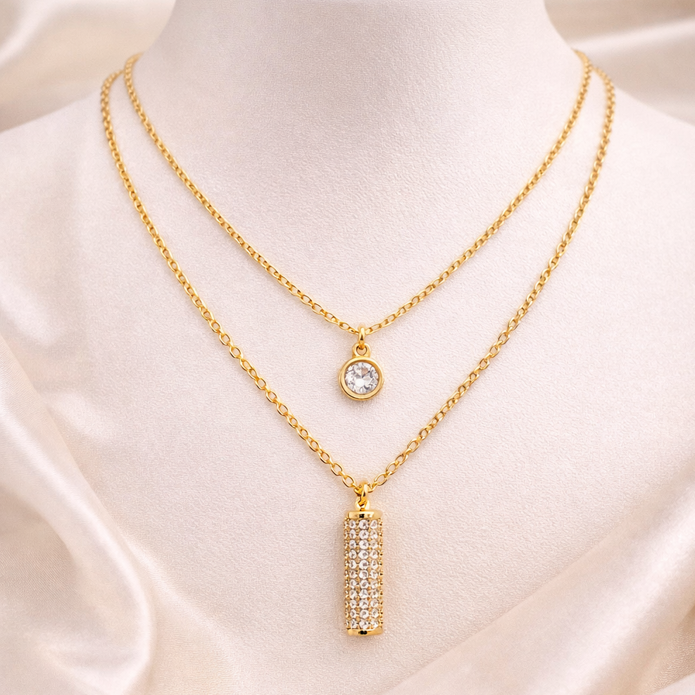 NECKLACE DUAL LAYERD PENDANT DANGLING BAR-STONE, ADJUSTABLE CHAIN, FASHION JEWELRY IMITATION GOLD