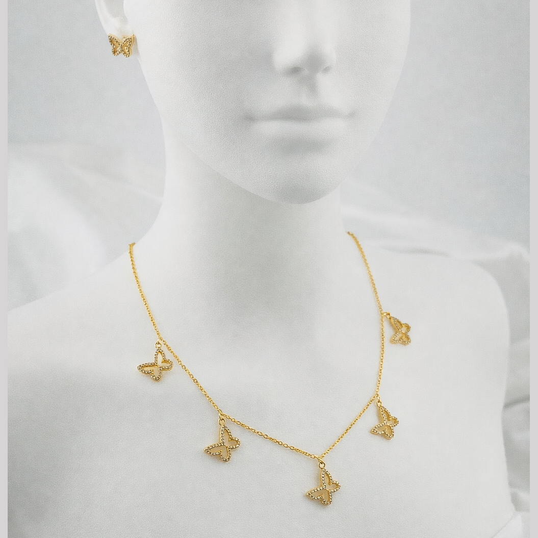 Butterfly Charm Necklace & Stud Earrings Set – Stone-Outlined Pendants | Imitation Gold