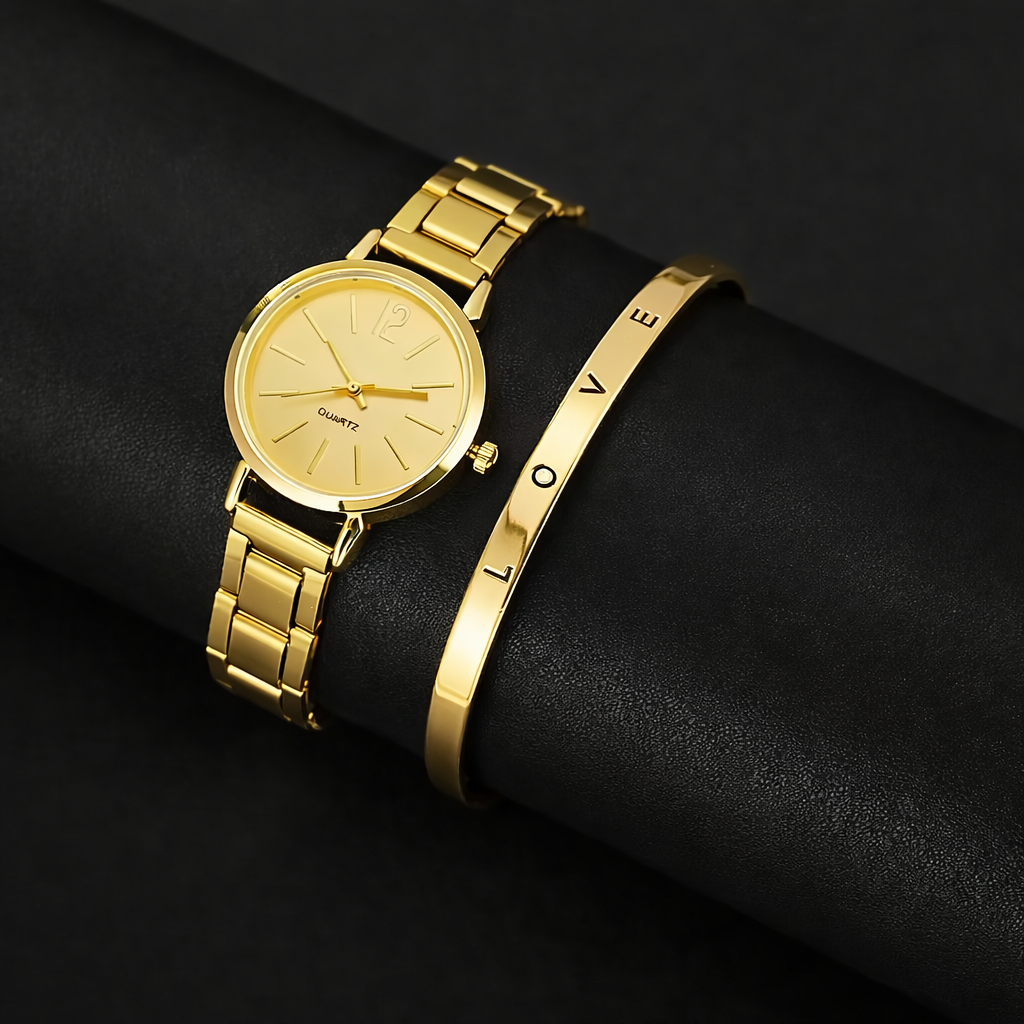2PCS Golden Watch & Love Bangle Set – Elegant Quartz Wrist Watch with Matching Bracelet | Fashion Jewelry Set