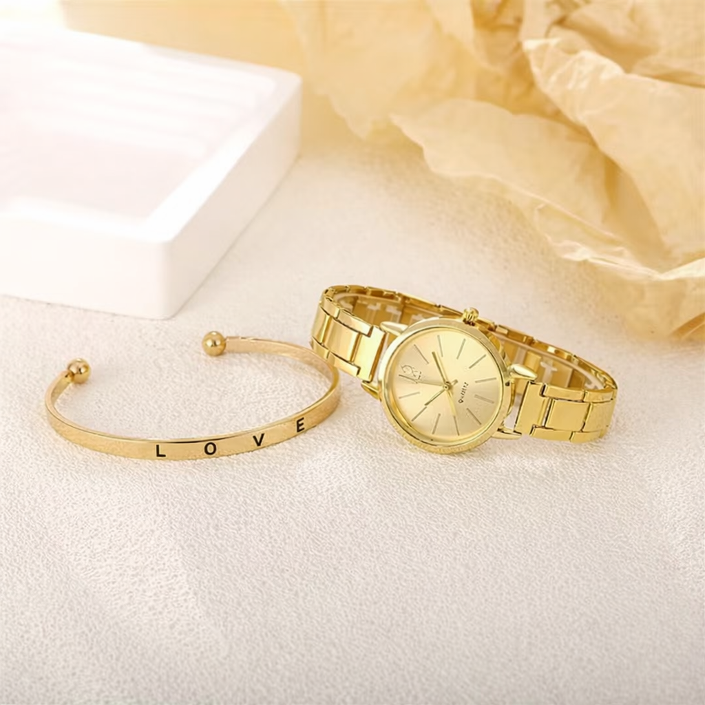 2PCS Golden Watch & Love Bangle Set – Elegant Quartz Wrist Watch with Matching Bracelet | Fashion Jewelry Set
