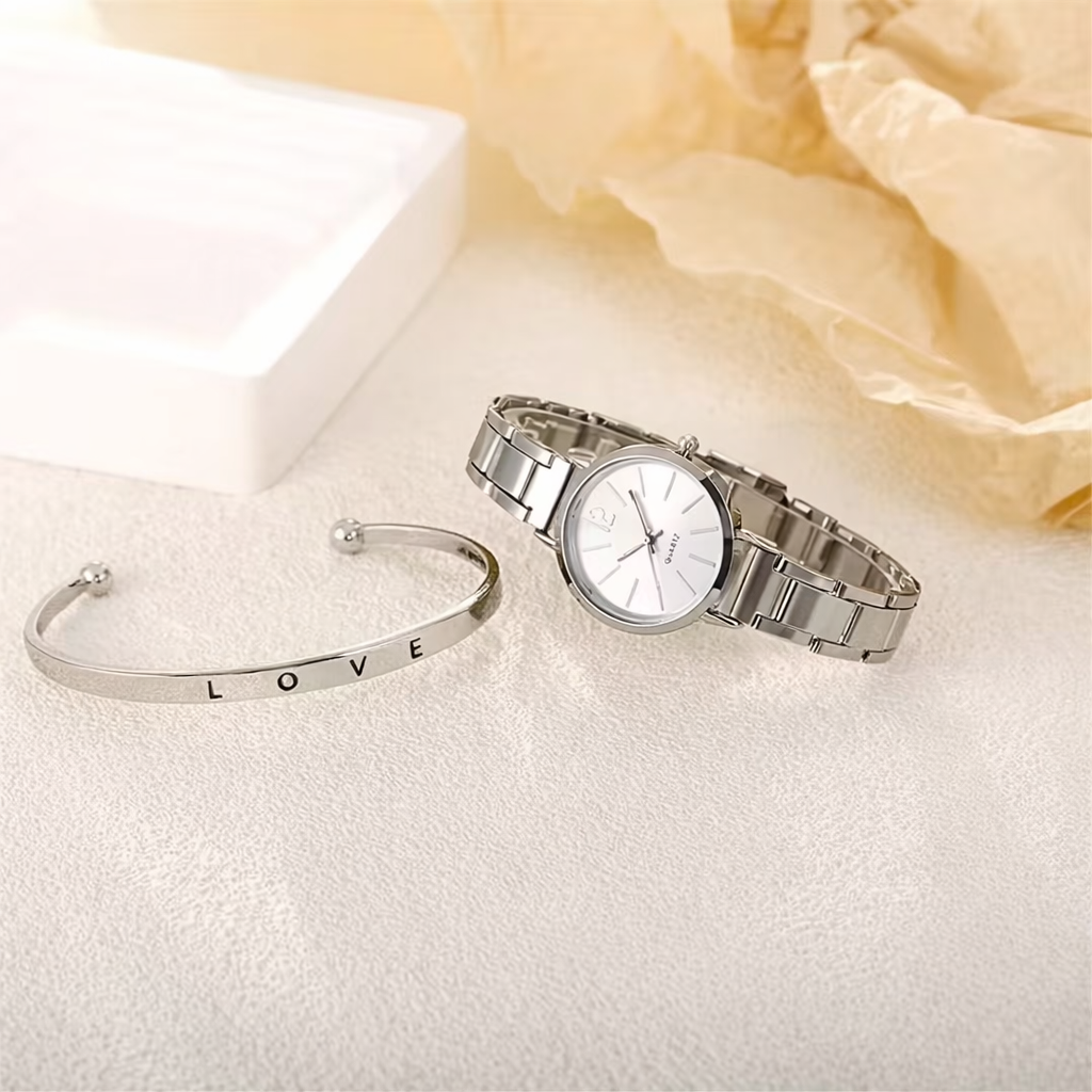 2PCS Watch & Love Bangle Set – Elegant Quartz Wrist Watch with Matching Bracelet | Fashion Jewelry Set