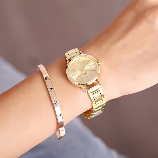 2PCS Golden Watch & Love Bangle Set – Elegant Quartz Wrist Watch with Matching Bracelet | Fashion Jewelry Set